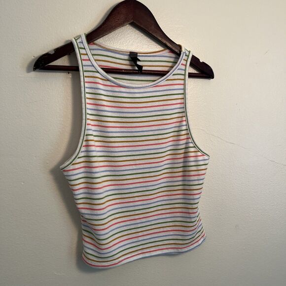 ALYA Cropped Pastel Striped Rainbow Racerback Tank, White Multicolor- Large - Picture 4 of 7